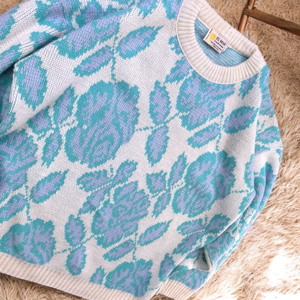Vintage El Mar California Floral Knit Sweater 80s Women L Teal Rose Pullover
